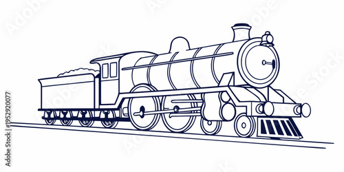 A vintage steam locomotive with a boxcar in a black and white illustration