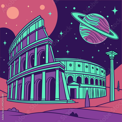 Stylized illustration of the roman colosseum under a night sky with a ringed planet and stars