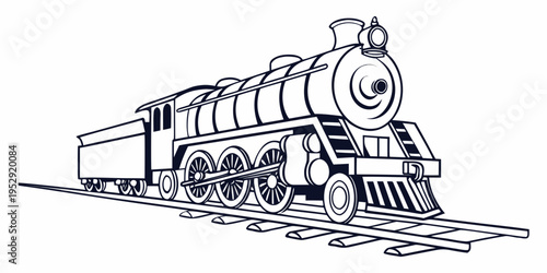 A detailed illustration of a vintage steam locomotive traveling on train tracks