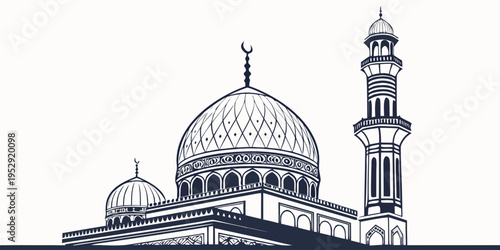 A majestic mosque with a large dome and a tall minaret reaching towards the sky.