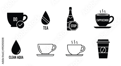 Collection of black and white icons representing beverages and objects