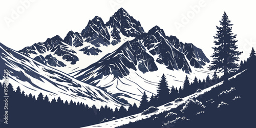 Majestic mountain range with snow-capped peaks and dense forest below