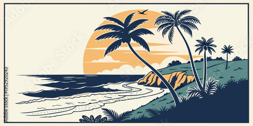 A serene tropical beach scene with palm trees and a beautiful sunset over the ocean