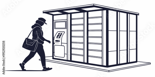 A woman is walking towards a modern, minimalist mailbox structure.