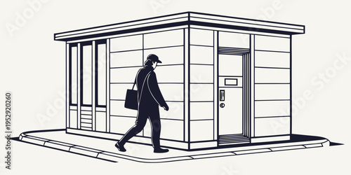 A man walking past a small, modern building with a door and a window.