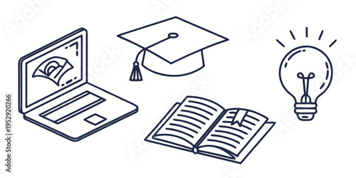 Illustration of educational tools including a laptop, graduation cap, book, and lightbulb