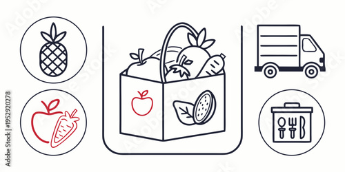 A shopping cart filled with various fruits and vegetables next to a delivery truck.