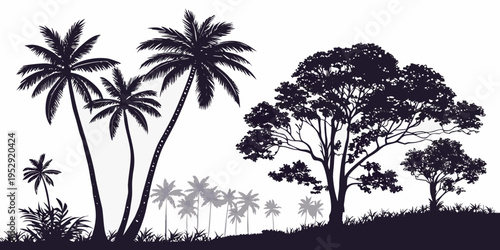 A serene landscape with palm trees and distant mountains under a clear sky