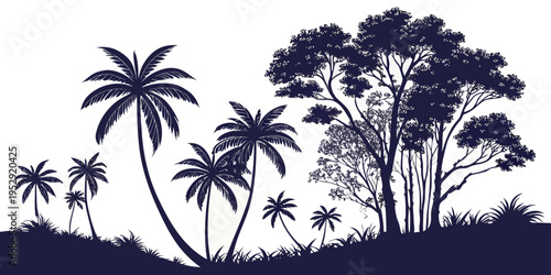 Silhouette of tropical palm trees against a serene sunset sky