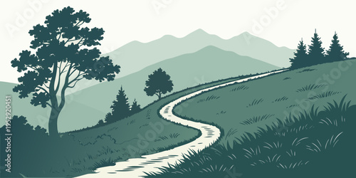 A winding path through a serene and picturesque landscape with mountains and trees