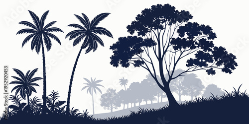 A serene tropical landscape with palm trees and lush greenery under a cloudy sky