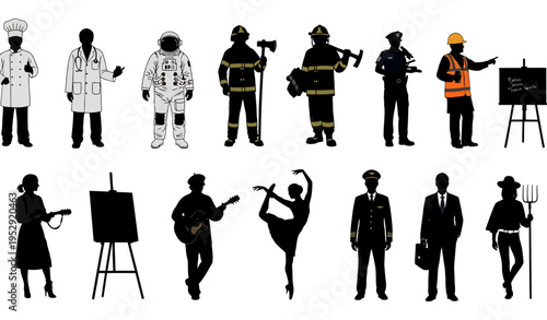 A collection of various common and famous professions in silhouette style_26