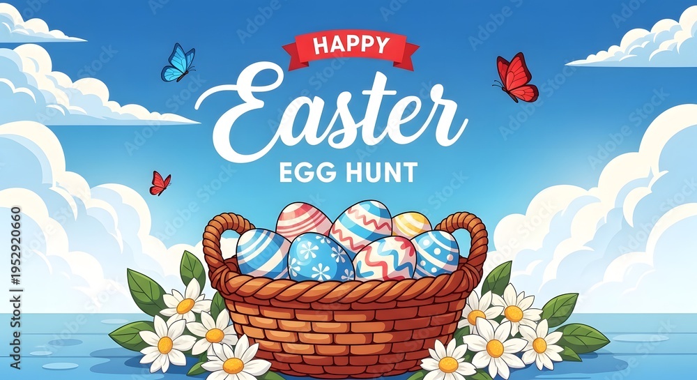 Fototapeta premium Happy easter egg hunt with colorful eggs and butterflies