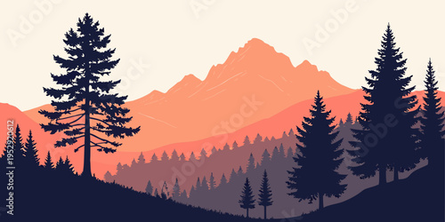 Majestic mountains at sunset with a forest in the foreground.