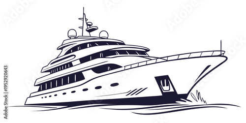 A large white and blue yacht sailing on calm waters with a clear sky.