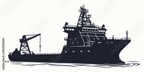A large industrial ship with a crane and drilling equipment on the deck.