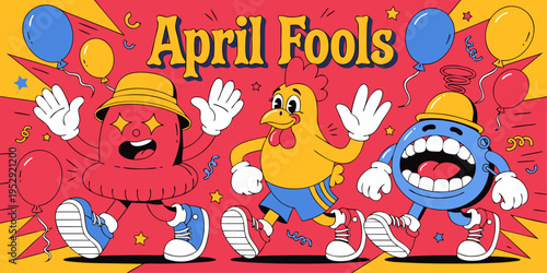 A colorful vector illustration of cartoon characters celebrating April Fools' Day with balloons and confetti