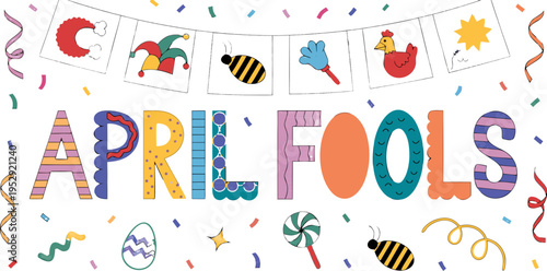 A colorful vector graphic illustration celebrating April Fools' Day with confetti and festive decorations