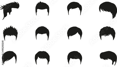 A collection of black haircut silhouettes for men in various styles