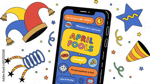 A colorful vector graphic illustration of a smartphone surrounded by April Fools' Day icons and confetti