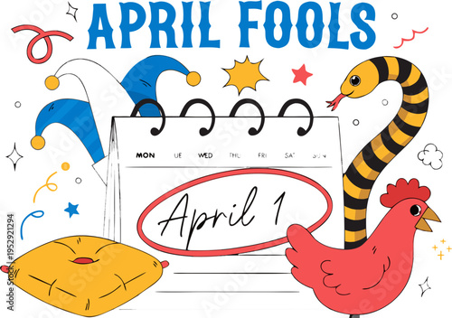 A colorful vector graphic illustration of April Fools' Day with a calendar, chicken, snake, and jester hats