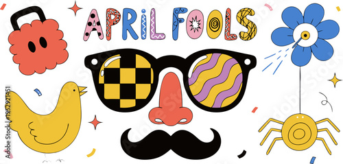 A colorful vector graphic illustration of April Fools' Day icons and symbols