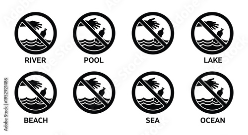 Prohibition signs depicting birds over water bodies river pool lake and sea