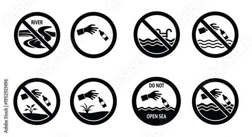 Prohibition signs depicting birds over water bodies river pool lake and sea