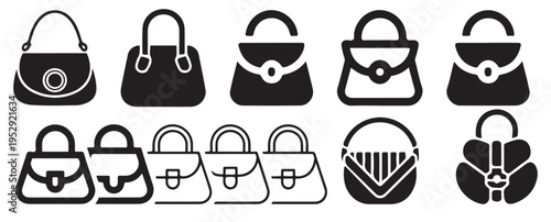 Luxury handbag variety icons, solid black and outline fashion purse set. vector illustration eps 10