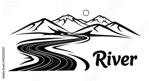 A winding river flows through a mountainous landscape under a full moon