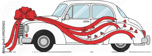 A white car decorated with a large red bow and ribbon for a special gift