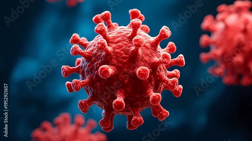 Red coronavirus particles under microscope