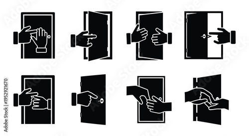 Black and white icons depicting hands interacting with doors