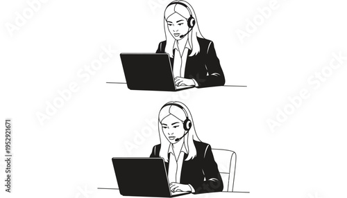 A woman in a business suit works on a laptop with a headset
