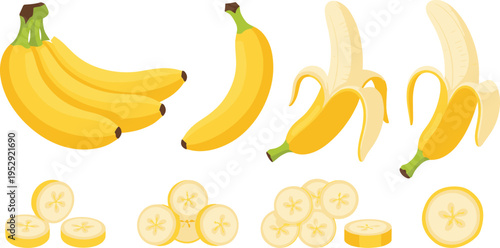 Banana Fruit Vector Set with Whole Bananas, Peeled Banana, Banana Bunch, and Banana Slices Fresh Tropical Food Illustration Collection