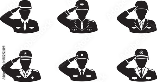 Six uniformed figures saluting in various official and emergency service attire