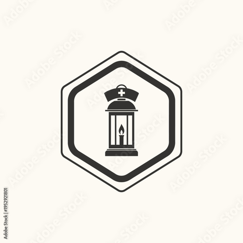 Nurse Lantern Icon, Healthcare Profession Symbol with Lit Candle and Nurse Cap in Hexagon