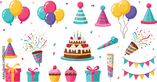 Birthday Party Celebration Vector Set with Cake, Balloons, Gifts, Cupcakes, Confetti, Party Hats, and Festive Decoration Elements for Holiday Event Design