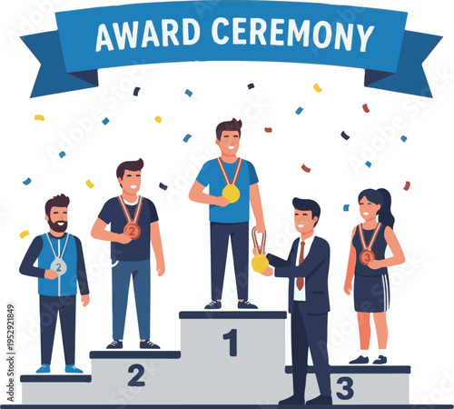 An award ceremony with people standing on a podium with medals