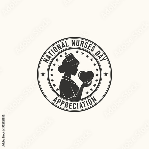 National Nurses Day Appreciation vector badge with nurse silhouette holding heart, professional healthcare graphic.