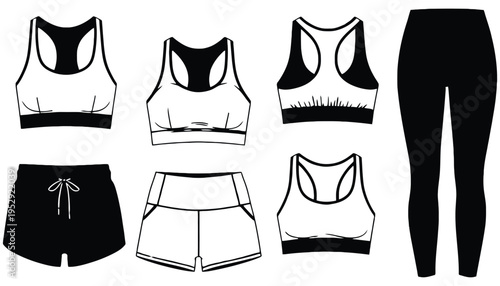 Sportswear athletic clothing set including leggings shorts and tops illustration