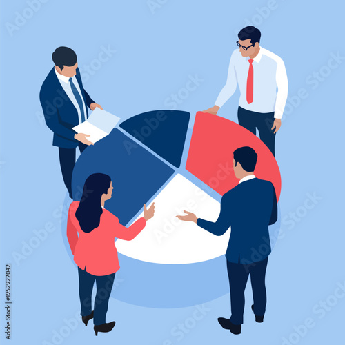 Market Share. Profit distribution. Business workers discuss about dividing the profit - pie chart. Business concept illustration 