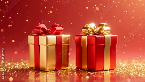 Two elegant gift boxes on golden glitter surface