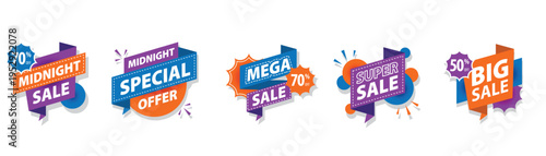 “General business marketing labels set with promotional and branding elements”