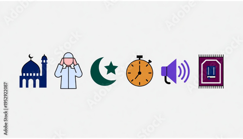 A set of Islamic worship themed icon illustrations with a plain background. 