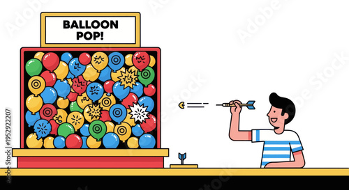 Man playing balloon pop carnival game, throwing darts, fun fair activity