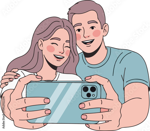 young couple taking photo with digital camera