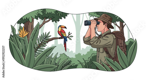 Adventurer observes toucan bird with binoculars in lush jungle forest