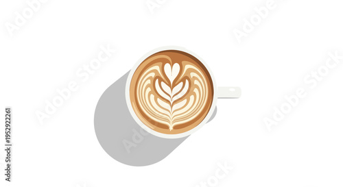 Overhead view of a ceramic cup filled with creamy latte art, isolated on white background with shadow.