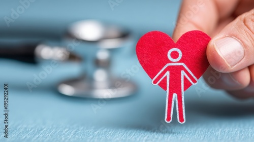 Health care worker holds a red heart cutout with a person symbol near a stethoscope on a blue background